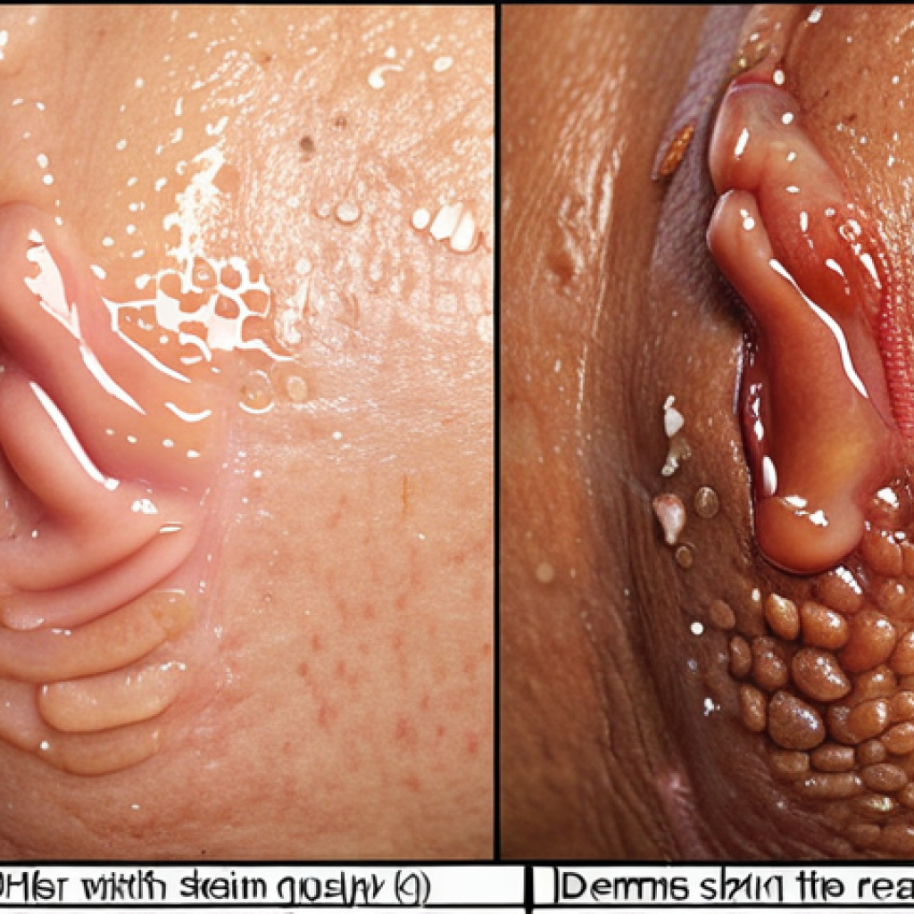 **

A close-up shot of diverse skin types (normal, dry, oily, combination, sensitive) with diagrams highlighting the different layers of skin (epidermis, dermis, hypodermis). Include Vietnamese text labels explaining the characteristics of each skin type and layer. Soft, natural lighting.

**