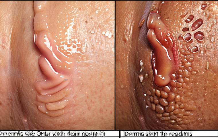 **
A close-up shot of diverse skin types (normal, dry, oily, combination, sensitive) with diagrams highlighting the different layers of skin (epidermis, dermis, hypodermis). Include Vietnamese text labels explaining the characteristics of each skin type and layer. Soft, natural lighting.
**