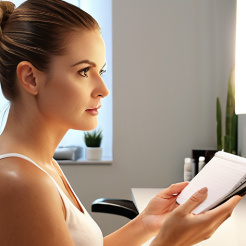 **A beauty consultant attentively listening to a customer in a bright, modern salon. The consultant is taking notes while the customer gestures, explaining their skincare concerns. Focus on creating a warm, empathetic atmosphere. Natural lighting, soft focus.**