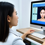 A professional Vietnamese female beauty consultant, wearing a modest, stylish business suit and fully clothed, meticulously analyzes a client's skin using a futuristic, sleek skin analysis device. The consultant is focused on a digital screen displaying detailed skin data, embodying expertise and precision. The client (back partially visible, fully clothed in appropriate attire) is seated opposite. The setting is a clean, modern high-tech beauty clinic with sophisticated lighting and minimalist decor. The consultant's expression is one of intense concentration and professional dedication. safe for work, appropriate content, fully clothed, professional dress, modest clothing, perfect anatomy, correct proportions, well-formed hands, proper finger count, natural body proportions, natural pose, professional photography, high quality.