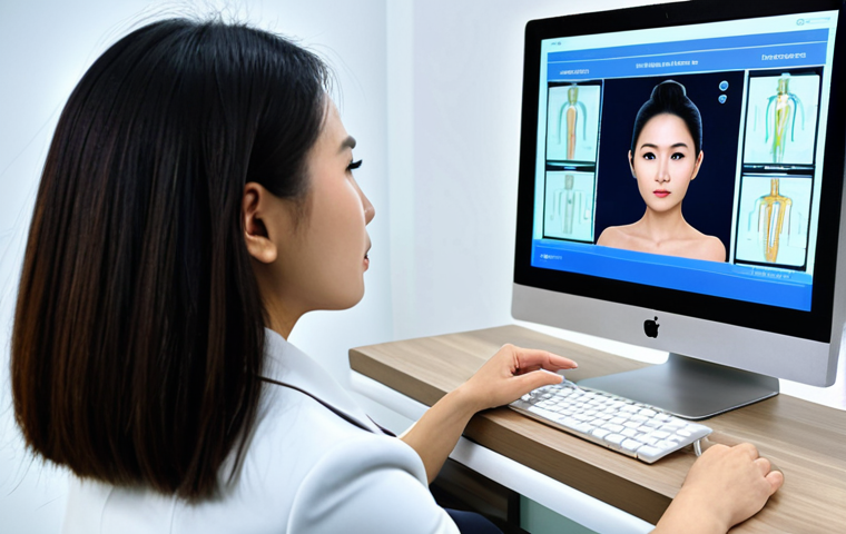A professional Vietnamese female beauty consultant, wearing a modest, stylish business suit and fully clothed, meticulously analyzes a client's skin using a futuristic, sleek skin analysis device. The consultant is focused on a digital screen displaying detailed skin data, embodying expertise and precision. The client (back partially visible, fully clothed in appropriate attire) is seated opposite. The setting is a clean, modern high-tech beauty clinic with sophisticated lighting and minimalist decor. The consultant's expression is one of intense concentration and professional dedication. safe for work, appropriate content, fully clothed, professional dress, modest clothing, perfect anatomy, correct proportions, well-formed hands, proper finger count, natural body proportions, natural pose, professional photography, high quality.