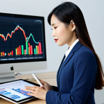 A confident Vietnamese female beauty consultant, professionally dressed in a modest business suit, standing in a sleek, modern office with a large monitor displaying market data and financial charts in the background. She holds a tablet, looking thoughtful and empowered, embodying career development and strategic planning. Fully clothed, appropriate attire, professional dress, safe for work, appropriate content, perfect anatomy, correct proportions, natural pose, well-formed hands, proper finger count, natural body proportions, high-resolution, professional photography, family-friendly.