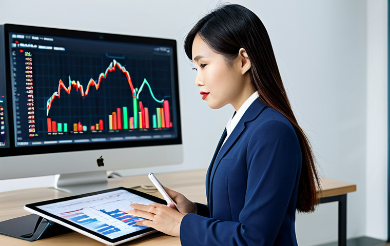A confident Vietnamese female beauty consultant, professionally dressed in a modest business suit, standing in a sleek, modern office with a large monitor displaying market data and financial charts in the background. She holds a tablet, looking thoughtful and empowered, embodying career development and strategic planning. Fully clothed, appropriate attire, professional dress, safe for work, appropriate content, perfect anatomy, correct proportions, natural pose, well-formed hands, proper finger count, natural body proportions, high-resolution, professional photography, family-friendly.