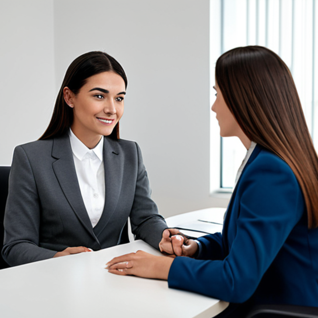 A professional female beauty consultant in a modest business suit, seated at a sleek modern desk, warmly interacting with a client (client's back to viewer, focusing on consultant). The setting is a clean, minimalist beauty consultation office with soft ambient lighting. Perfect anatomy, correct proportions, natural pose, well-formed hands, proper finger count, natural body proportions, fully clothed, modest clothing, appropriate attire, professional dress, safe for work, appropriate content, high quality professional photography.