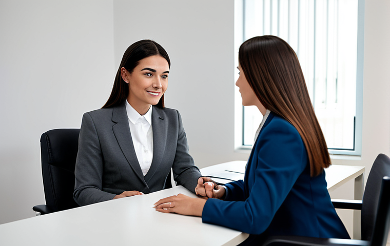 A professional female beauty consultant in a modest business suit, seated at a sleek modern desk, warmly interacting with a client (client's back to viewer, focusing on consultant). The setting is a clean, minimalist beauty consultation office with soft ambient lighting. Perfect anatomy, correct proportions, natural pose, well-formed hands, proper finger count, natural body proportions, fully clothed, modest clothing, appropriate attire, professional dress, safe for work, appropriate content, high quality professional photography.