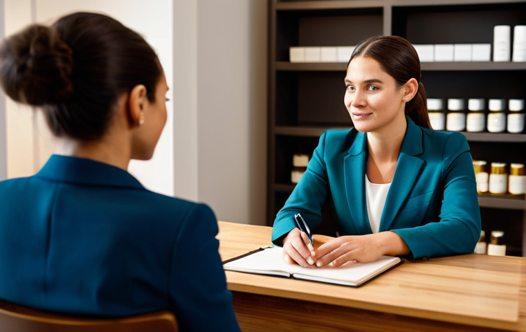 **Professional Traditional Beauty Consultation**
A professional female beauty consultant in a modest business blazer and tailored trousers, sitting across from a female client at a comfortable, polished wooden desk in a warmly lit, inviting consultation room. The consultant is attentively listening to the client, making eye contact and holding a small, open notebook, emphasizing personal connection and empathy. The background features soft, blurred shelving with neatly arranged skincare products, creating a professional yet intimate atmosphere.
fully clothed, appropriate attire, modest clothing, safe for work, perfect anatomy, correct proportions, natural pose, professional dress, well-formed hands, proper finger count, natural body proportions, professional photography, high quality, appropriate content, family-friendly.