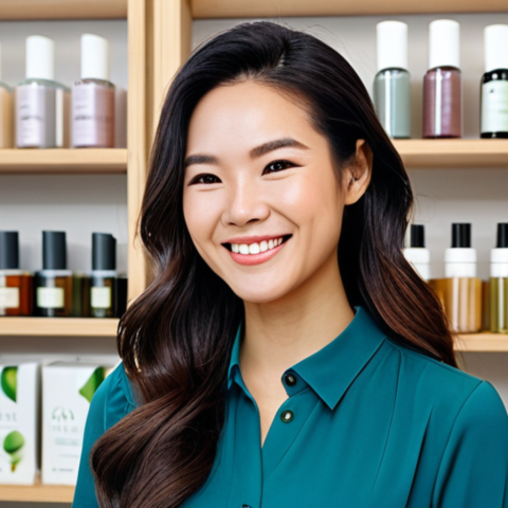 **
"A confident beauty consultant, fully clothed in a stylish, modest blouse and professional slacks, smiling warmly at a client in a bright, modern salon. The background features shelves of organic skincare products and subtle Vietnamese-inspired decor. Safe for work, appropriate content, perfect anatomy, correct proportions, natural pose, professional, well-formed hands, proper finger count, natural body proportions, high quality, family-friendly."
**