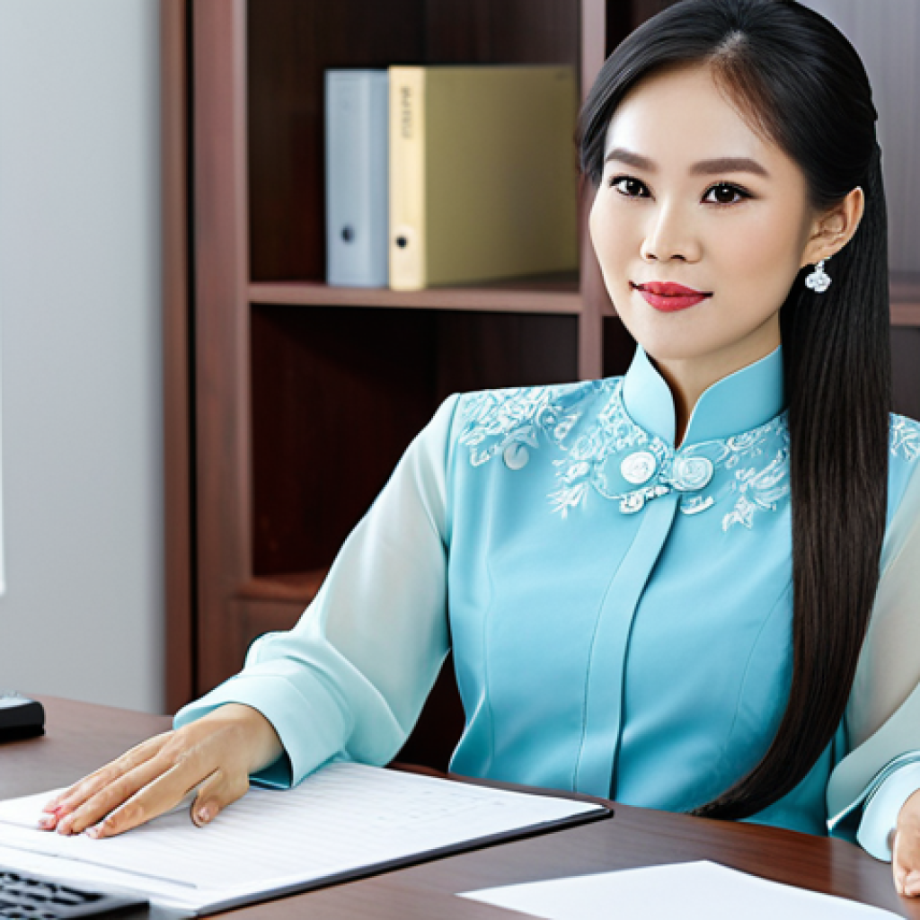 Professional Businesswoman**
A professional businesswoman in a modest Ao Dai (traditional Vietnamese dress), sitting at a modern desk in a well-lit office, fully clothed, appropriate attire, safe for work, perfect anatomy, natural proportions, professional photography, high quality. The background includes subtle branding elements relevant to the beauty industry. Family-friendly.
**