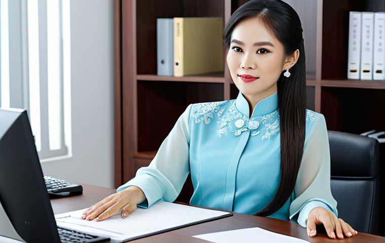 Professional Businesswoman**
A professional businesswoman in a modest Ao Dai (traditional Vietnamese dress), sitting at a modern desk in a well-lit office, fully clothed, appropriate attire, safe for work, perfect anatomy, natural proportions, professional photography, high quality. The background includes subtle branding elements relevant to the beauty industry. Family-friendly.
**