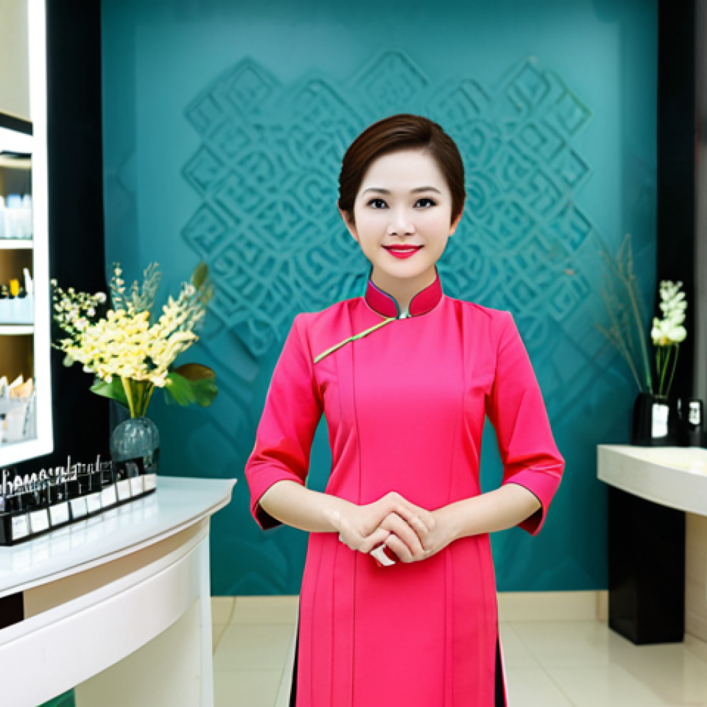 **
"A Vietnamese woman with radiant skin, fully clothed in a stylish Ao Dai, stands in a modern beauty salon in Ho Chi Minh City, surrounded by cosmetic products, safe for work, appropriate content, fully clothed, professional, perfect anatomy, correct proportions, natural pose, well-formed hands, proper finger count, natural body proportions, high quality lighting, family-friendly, modest attire."
**