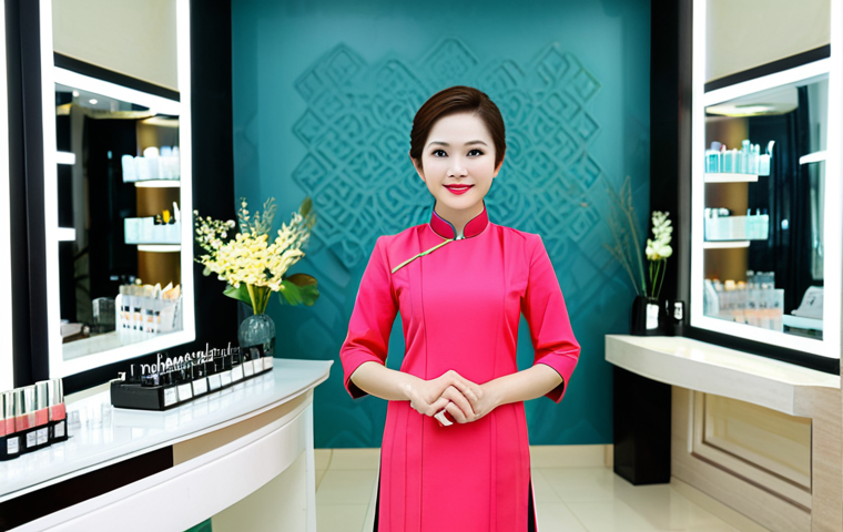 **
"A Vietnamese woman with radiant skin, fully clothed in a stylish Ao Dai, stands in a modern beauty salon in Ho Chi Minh City, surrounded by cosmetic products, safe for work, appropriate content, fully clothed, professional, perfect anatomy, correct proportions, natural pose, well-formed hands, proper finger count, natural body proportions, high quality lighting, family-friendly, modest attire."
**