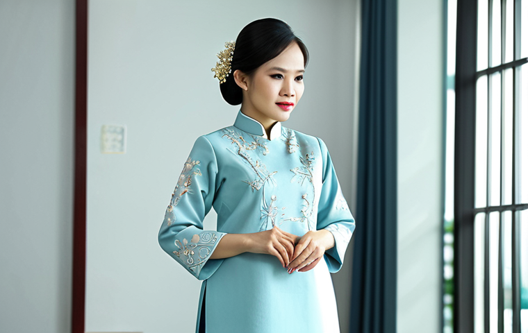 **
A professional Vietnamese businesswoman in a modest Ao Dai (traditional Vietnamese dress) with elegant embroidery, standing in a modern office in Ho Chi Minh City. Appropriate attire, fully clothed, safe for work. Perfect anatomy, correct proportions, natural pose, well-formed hands, proper finger count. Professional photography, high quality, family-friendly.
**