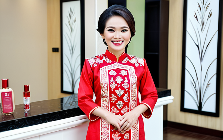 Confident Beauty Consultant**
A friendly and approachable beauty consultant, smiling warmly, wearing a professional and modest áo dài (traditional Vietnamese dress) in a modern beauty salon setting, fully clothed, appropriate content, safe for work, perfect anatomy, natural proportions, professional portrait, high quality. Focus on conveying trustworthiness and expertise. The background subtly showcases popular Vietnamese beauty products.
**
