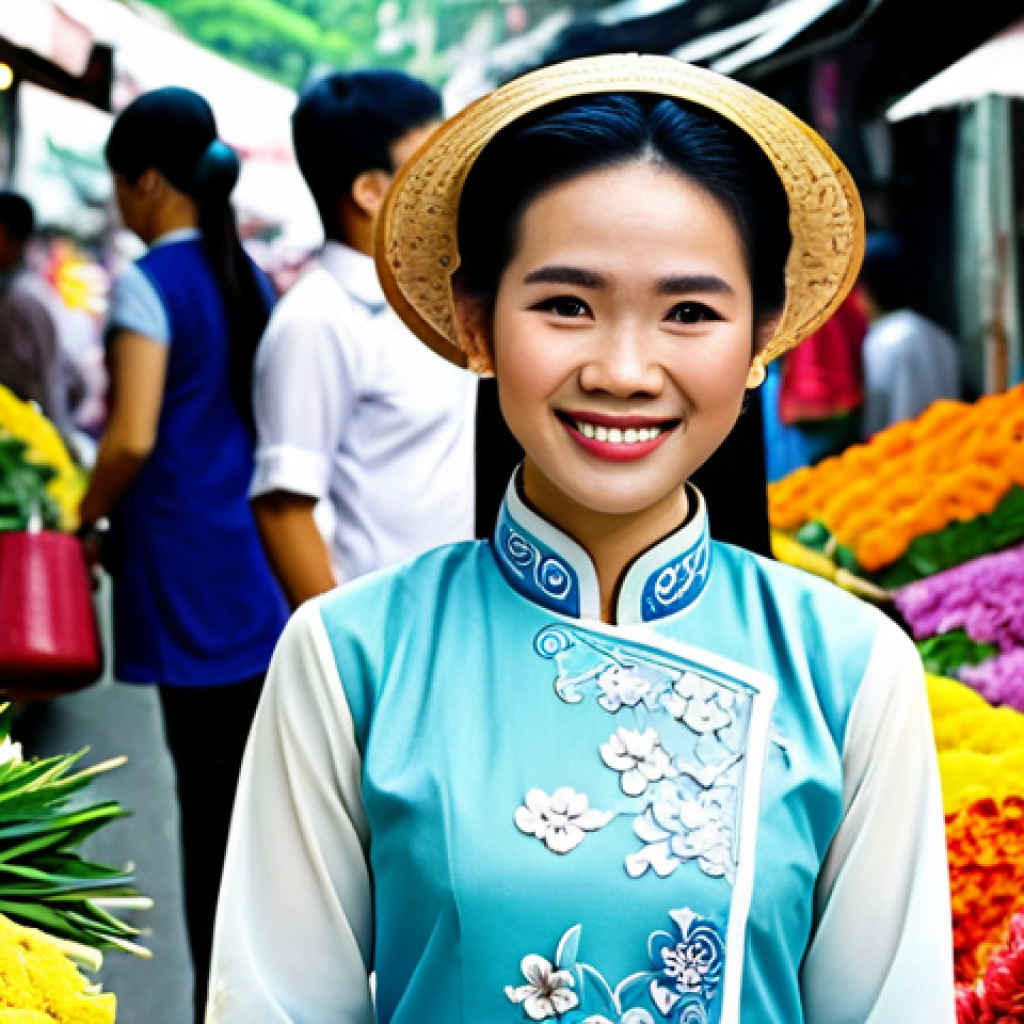 **
"A smiling Vietnamese woman in a traditional Ao Dai, standing in a vibrant flower market in Hanoi, fully clothed, modest clothing, appropriate attire, safe for work, perfect anatomy, natural proportions, professional photography, high quality. Focus on the details of the fabric and the surrounding flowers. Family-friendly."
**