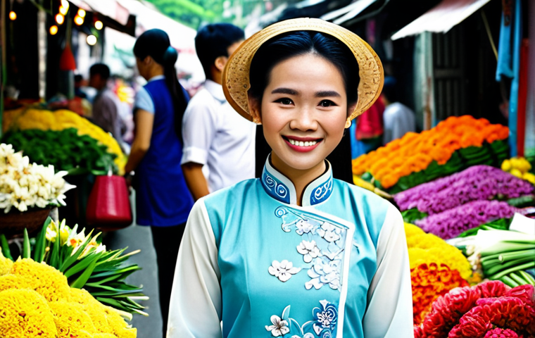 **
"A smiling Vietnamese woman in a traditional Ao Dai, standing in a vibrant flower market in Hanoi, fully clothed, modest clothing, appropriate attire, safe for work, perfect anatomy, natural proportions, professional photography, high quality. Focus on the details of the fabric and the surrounding flowers. Family-friendly."
**