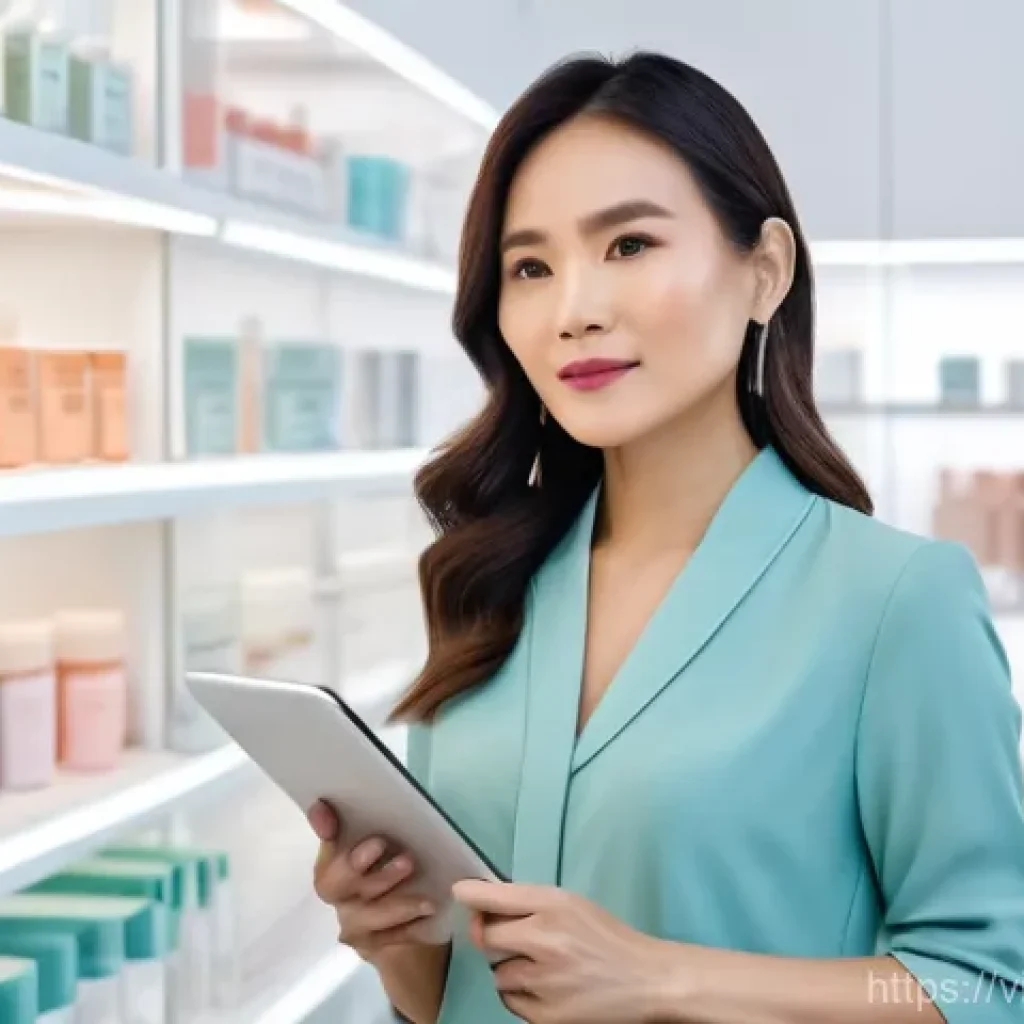 뷰티컨설턴트 필수 학습 자료 준비 연구 - A professional Vietnamese female beauty consultant, in her late 20s to early 30s, dressed in a chic ...