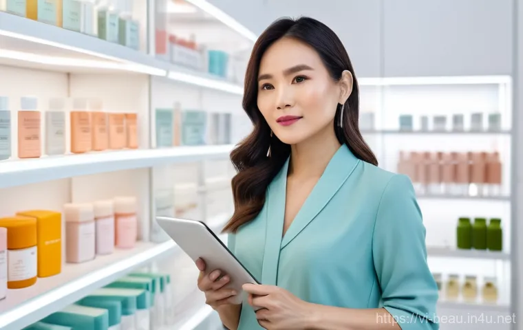 뷰티컨설턴트 필수 학습 자료 준비 연구 - A professional Vietnamese female beauty consultant, in her late 20s to early 30s, dressed in a chic ...
