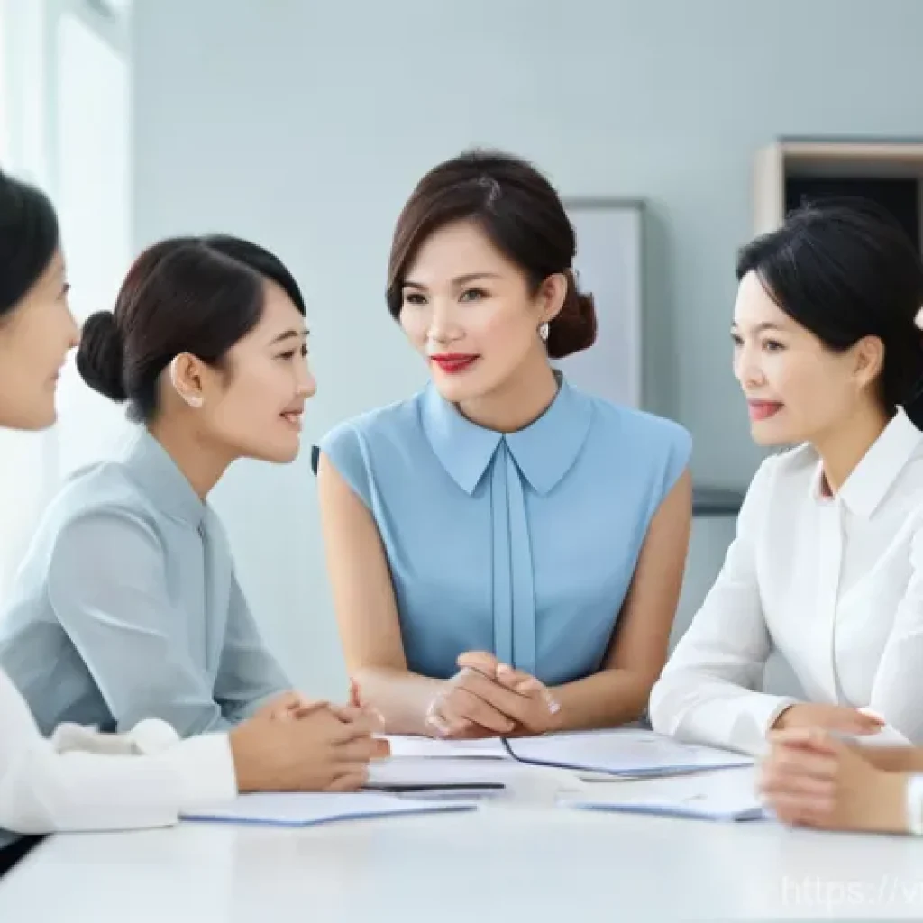 뷰티컨설턴트 팀 내 갈등 관리 - **Prompt:** "A group of Vietnamese beauty consultants, diverse in age and gender, are gathered aroun...