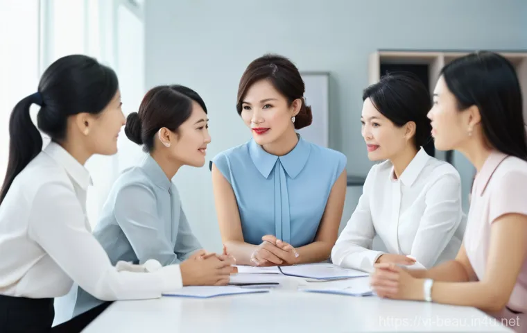 뷰티컨설턴트 팀 내 갈등 관리 - **Prompt:** "A group of Vietnamese beauty consultants, diverse in age and gender, are gathered aroun...