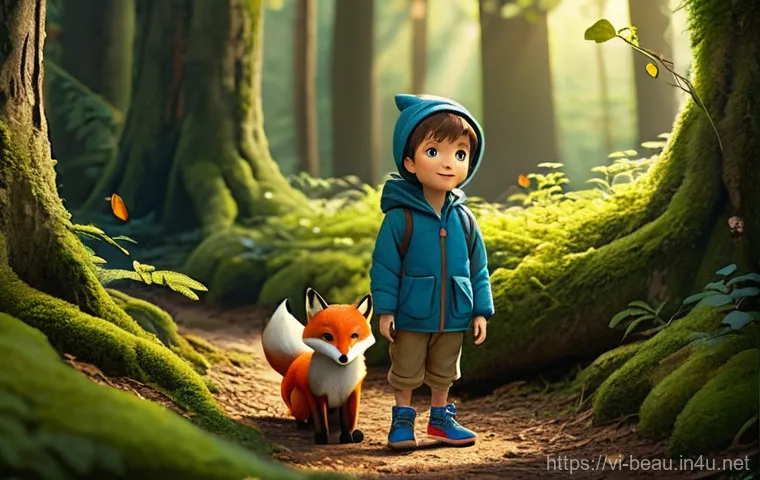 뷰티컨설턴트 고객 유지 전략 분석 사례 - A whimsical forest scene: A young boy, around 7 years old, with short brown hair, wearing a cozy blu...