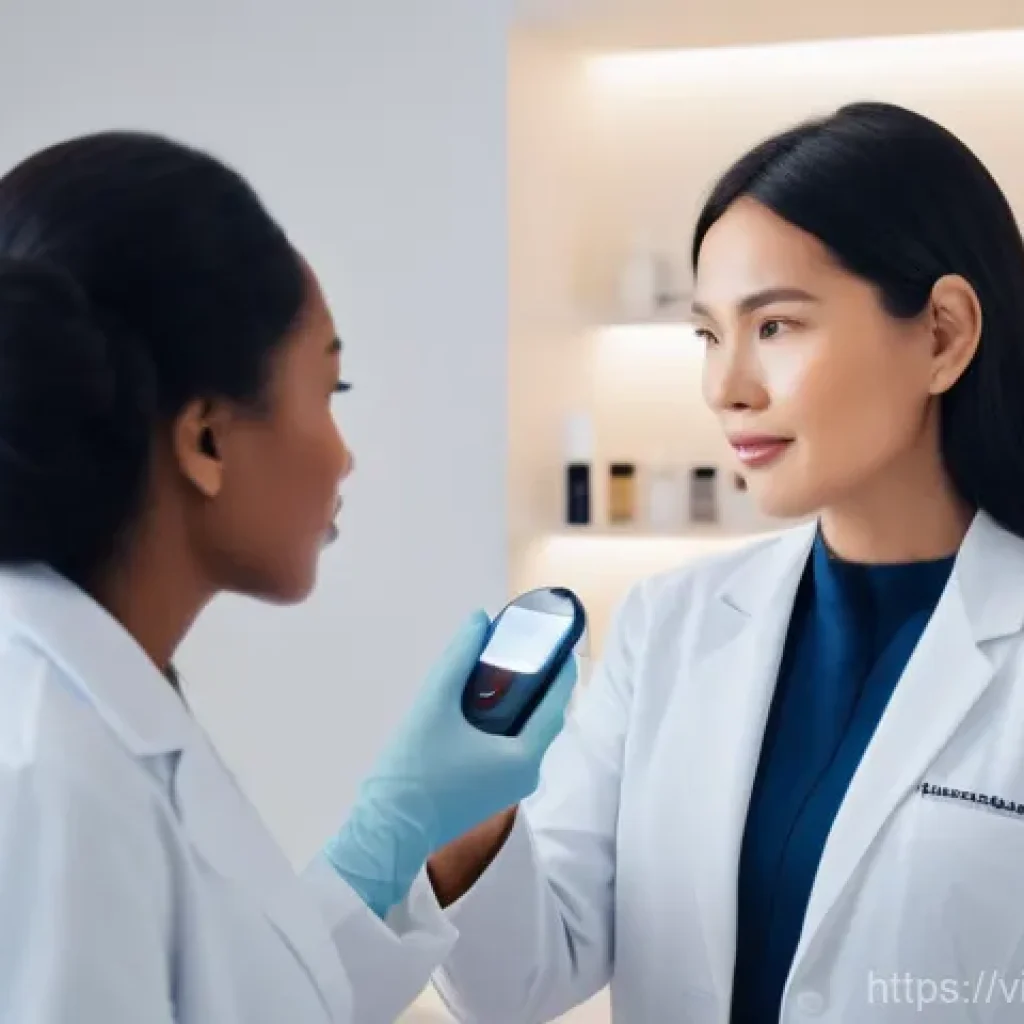 뷰티컨설턴트 직업적 강점 개발 - "A highly professional female skincare consultant, embodying a 'mini dermatologist,' is meticulously...