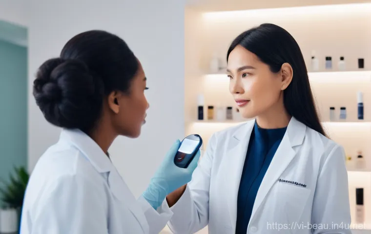 뷰티컨설턴트 직업적 강점 개발 - "A highly professional female skincare consultant, embodying a 'mini dermatologist,' is meticulously...