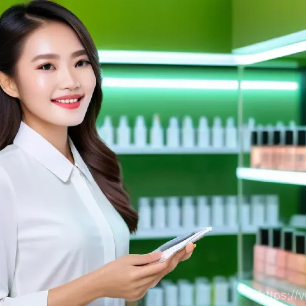 뷰티컨설턴트 직업 인기 요인 - **Prompt:** A stylish and confident young Vietnamese woman, in her mid-20s, working as a beauty cons...