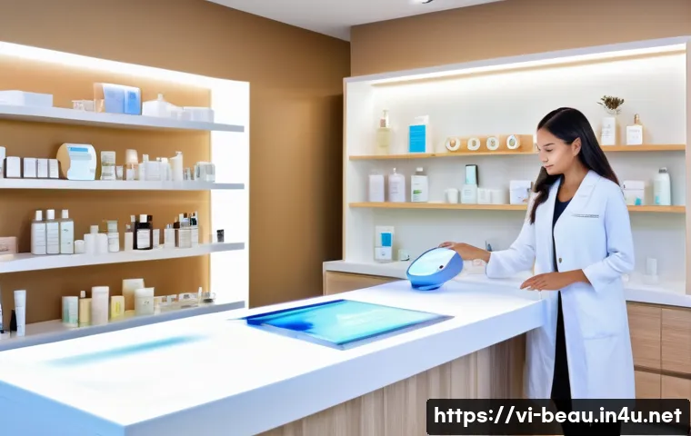 뷰티컨설턴트 관련 세미나 후기 - A modern skincare clinic interior showcasing advanced beauty technology devices including laser mach...