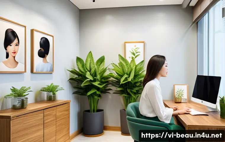뷰티컨설턴트 창업 가능성 분석 - A modern Vietnamese beauty consultation office interior, featuring a clean and elegant design with n...