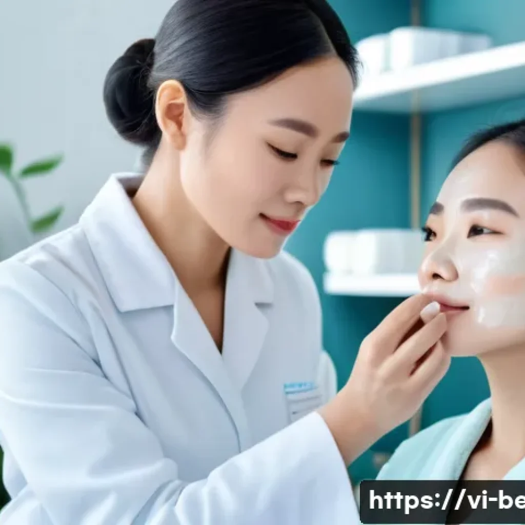 뷰티컨설턴트 실무 스킬 개발 사례 - A modern Vietnamese skincare consultation scene inside a bright, clean spa room with natural light. ...