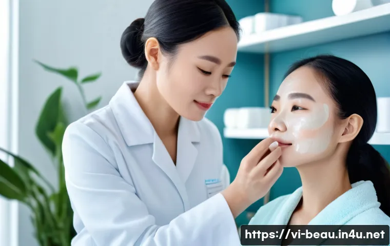 뷰티컨설턴트 실무 스킬 개발 사례 - A modern Vietnamese skincare consultation scene inside a bright, clean spa room with natural light. ...