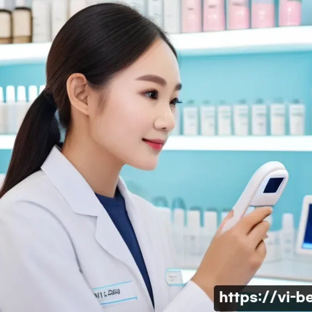 뷰티컨설턴트 조직 내 주요 역할 사례 - A professional beauty consultant in a modern Vietnamese skincare store, attentively analyzing a fema...