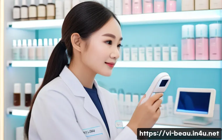 뷰티컨설턴트 조직 내 주요 역할 사례 - A professional beauty consultant in a modern Vietnamese skincare store, attentively analyzing a fema...