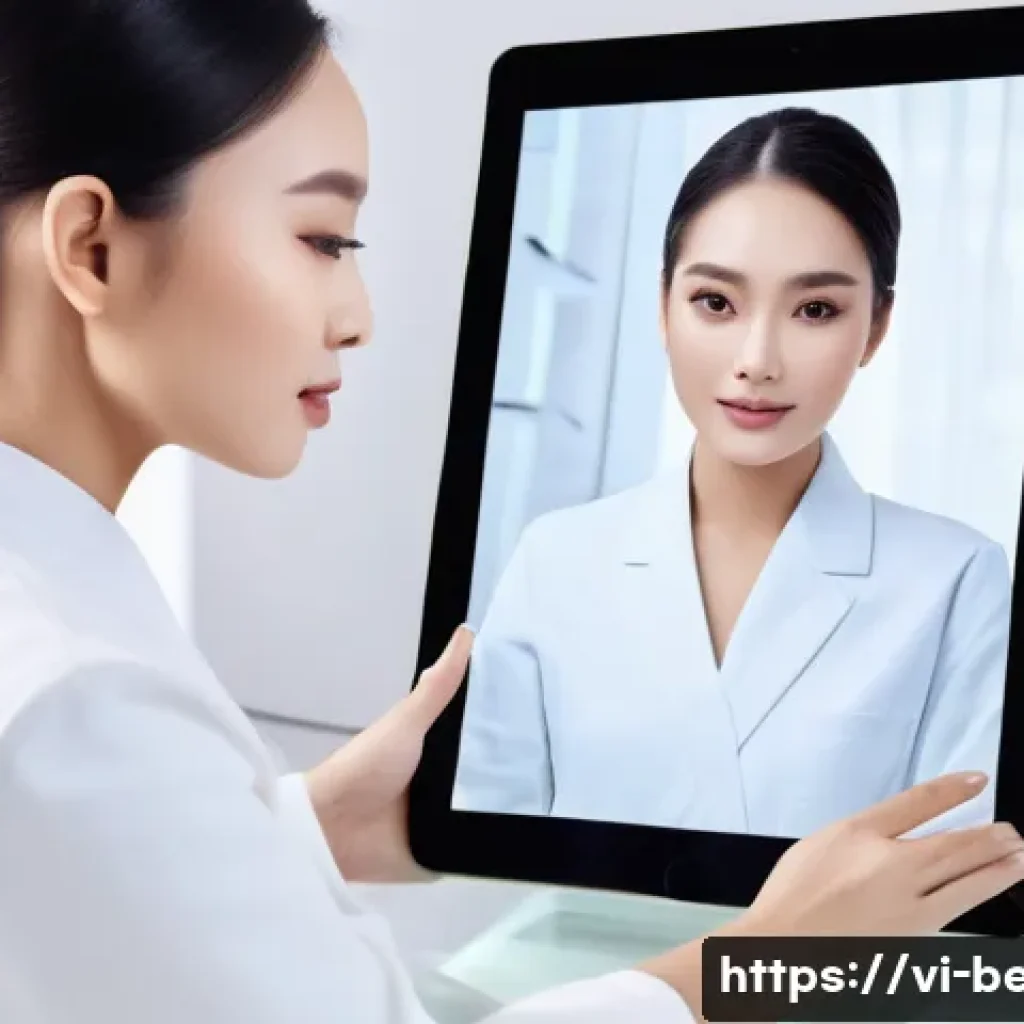 뷰티컨설턴트 직업의 미래 전망 - A professional beauty consultant using AI-powered skin analysis technology on a sleek tablet, showin...