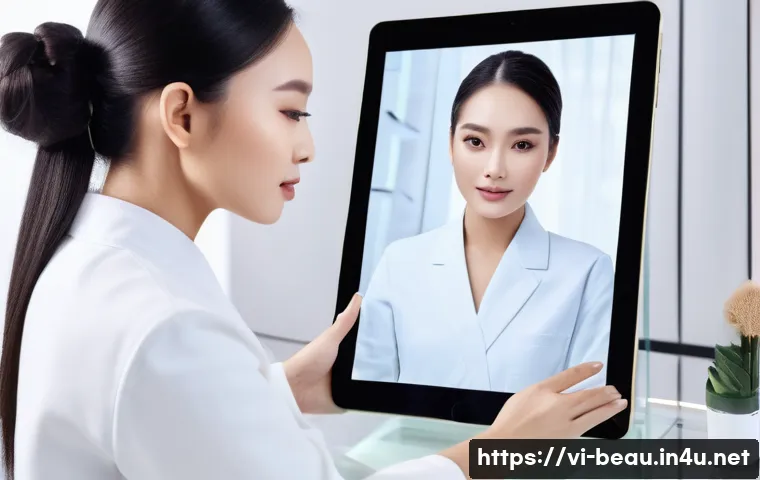 뷰티컨설턴트 직업의 미래 전망 - A professional beauty consultant using AI-powered skin analysis technology on a sleek tablet, showin...