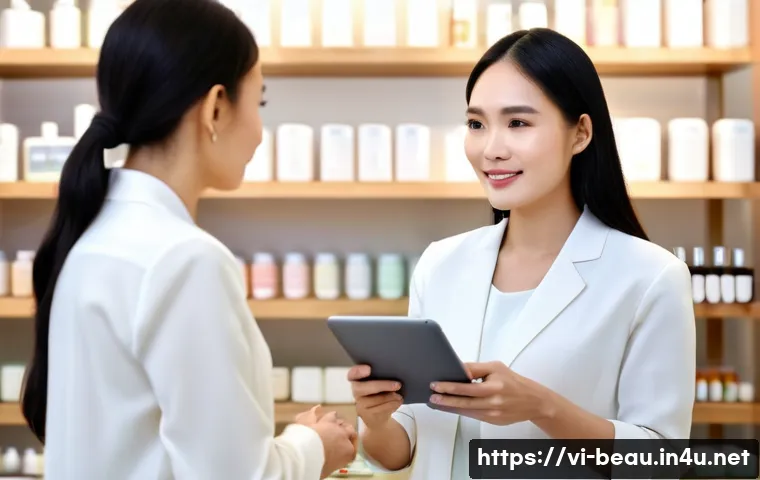뷰티컨설턴트 커리어 목표 달성법 - A professional Vietnamese female beauty consultant attentively listening to a middle-aged female cli...
