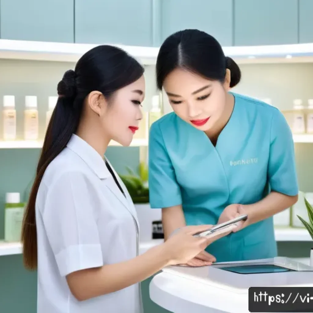 뷰티컨설턴트 조직 내 평가 기준 - A professional Vietnamese beauty consultant attentively listening to a female client in a modern ski...