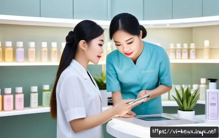 뷰티컨설턴트 조직 내 평가 기준 - A professional Vietnamese beauty consultant attentively listening to a female client in a modern ski...