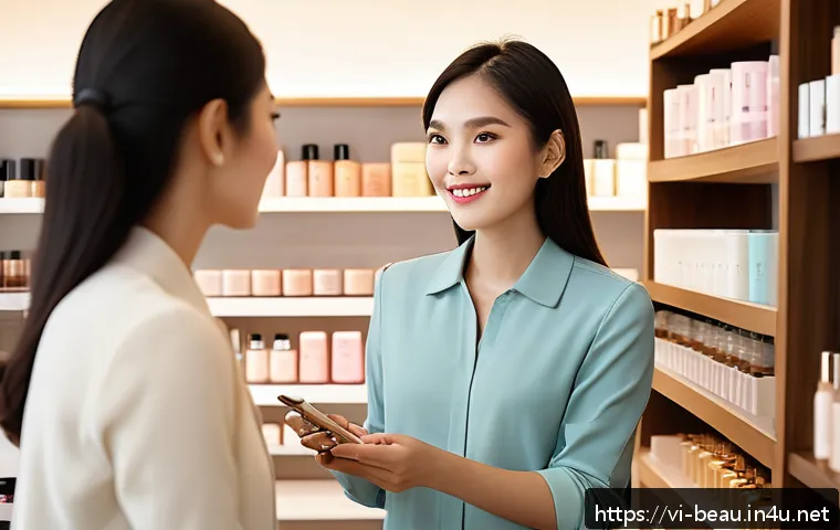 뷰티컨설턴트 조직 내 주요 역할 - A professional beauty consultant in a modern Vietnamese cosmetics store, attentively listening and a...