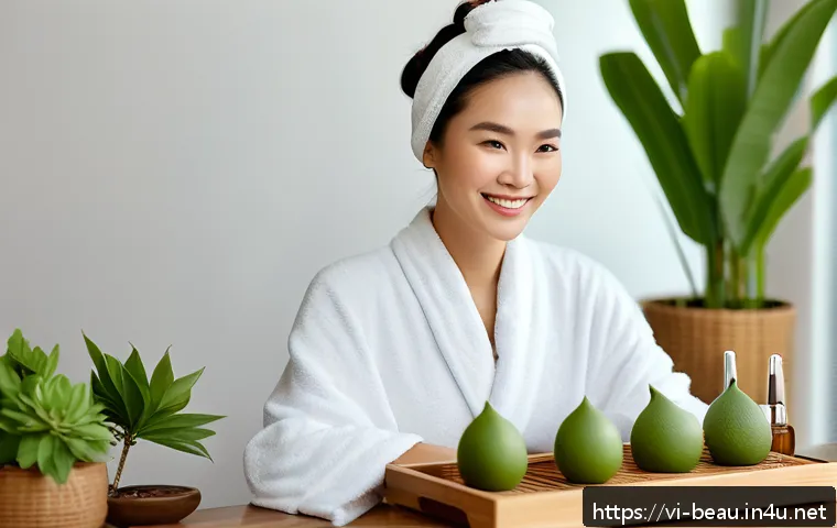 뷰티컨설턴트 직업적 성장 목표 - A modern Vietnamese beauty consultant in a stylish, neat outfit applying natural skincare products o...