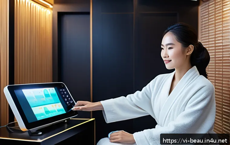뷰티컨설턴트 실무 기술 발전 사례 연구 - A modern Vietnamese skincare spa interior with advanced AI skin analysis equipment, showing a client...