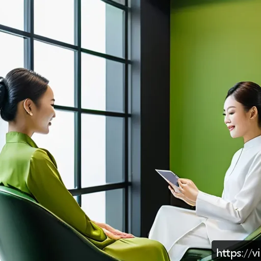 뷰티컨설턴트 고객 관리 시스템 - A modern Vietnamese beauty salon interior with a friendly female consultant attentively listening to...