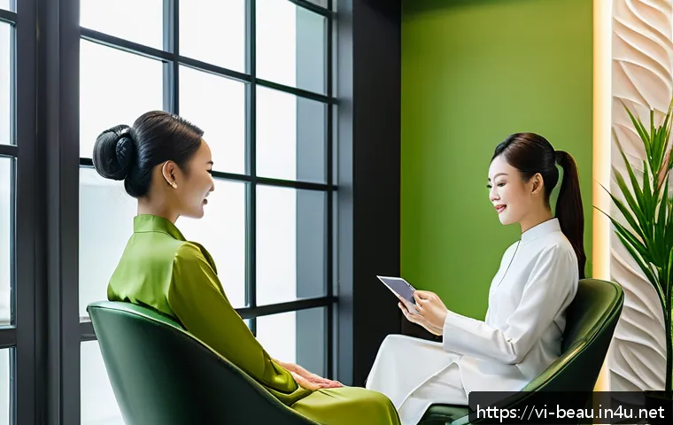 뷰티컨설턴트 고객 관리 시스템 - A modern Vietnamese beauty salon interior with a friendly female consultant attentively listening to...