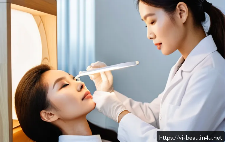 뷰티컨설턴트 필요한 중점과목 - A professional Vietnamese skincare consultant in a modern beauty clinic setting, attentively examini...