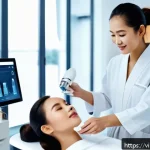 Home 22 뷰티컨설턴트 학습 스케줄 작성 - A professional beauty specialist in a modern, well-lit training studio, practicing skincare techniqu...