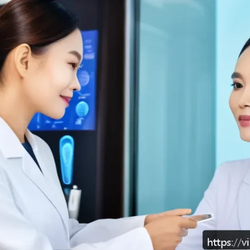 Home 33 뷰티컨설턴트 최신 업계 트렌드 - A modern Vietnamese woman in a bright, minimalistic skincare clinic, using a high-tech AI-powered sk...