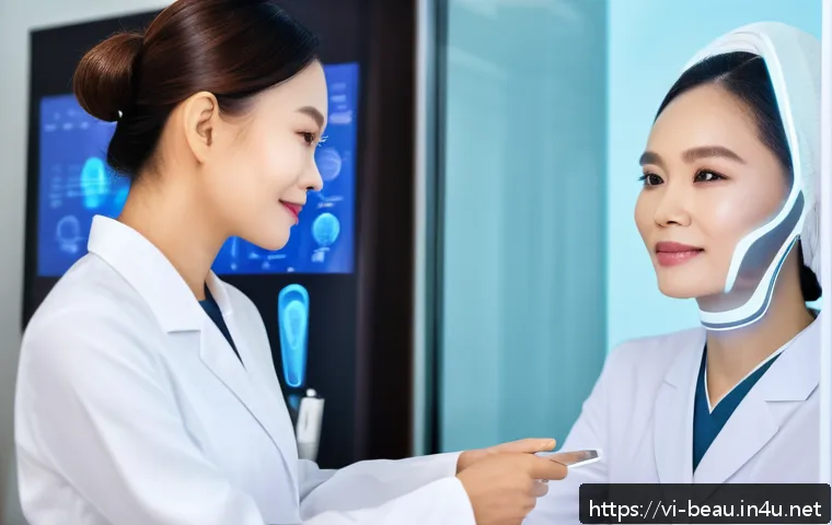 뷰티컨설턴트 최신 업계 트렌드 - A modern Vietnamese woman in a bright, minimalistic skincare clinic, using a high-tech AI-powered sk...