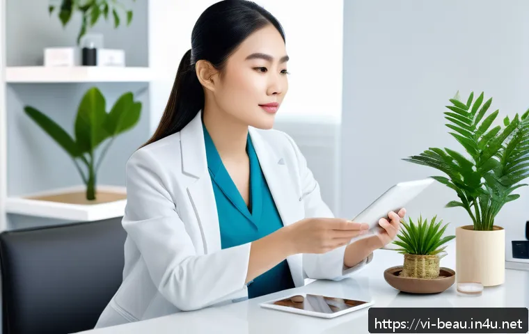 뷰티컨설턴트 관련 학습 목표 설정 - A professional Vietnamese beauty consultant in a modern skincare studio, attentively listening to a ...