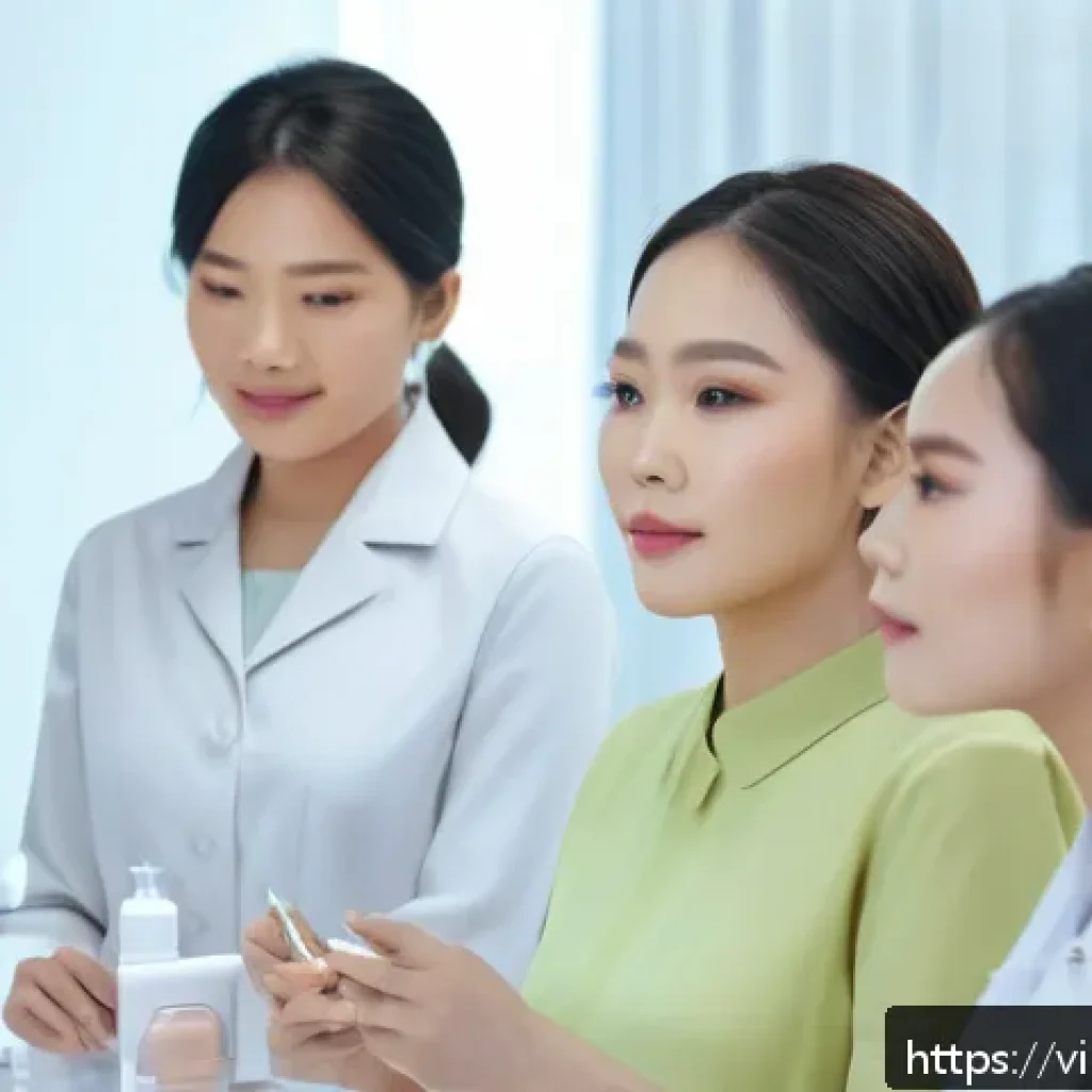 뷰티컨설턴트 자격증 취득 시간 - A modern Vietnamese beauty consultation classroom scene showing diverse adult students attentively l...