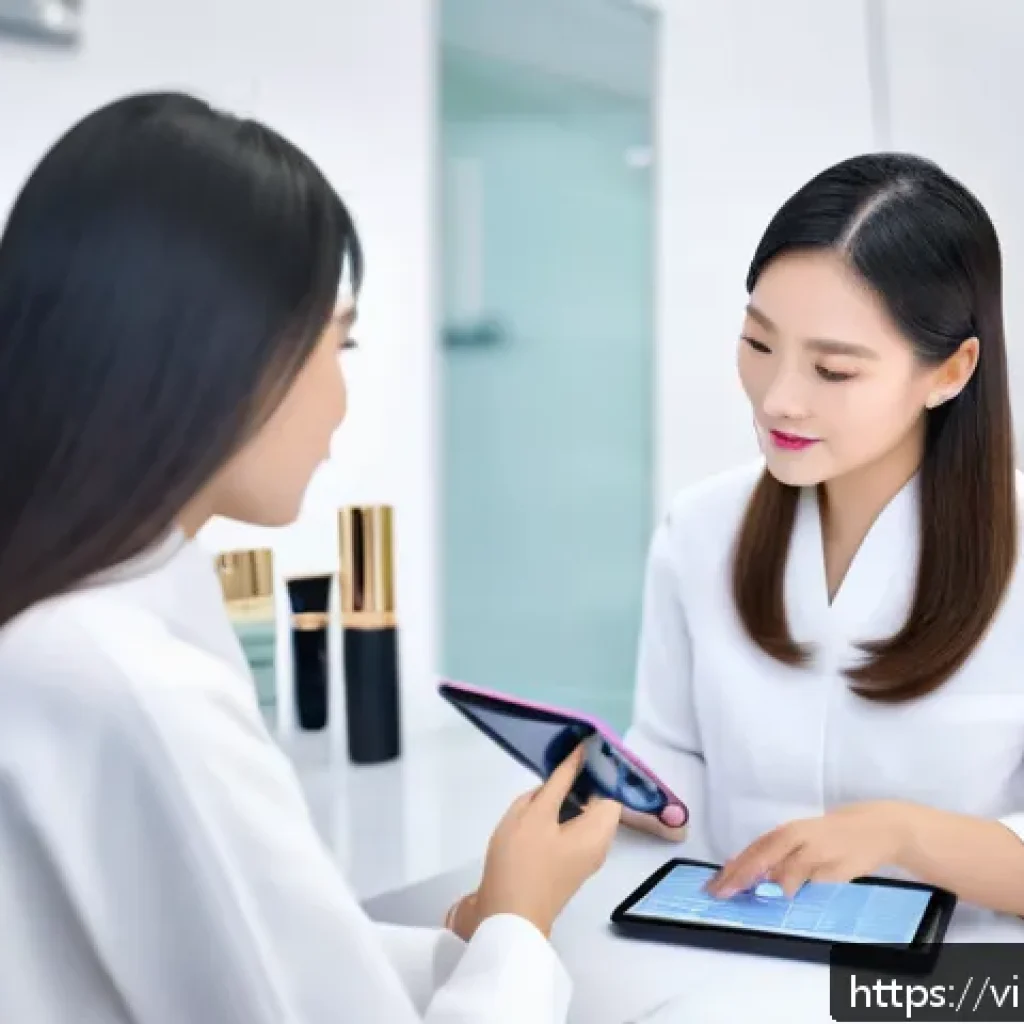 뷰티컨설턴트 주요 업무 정리 - A professional Vietnamese skincare consultant in a modern beauty salon setting, attentively listenin...